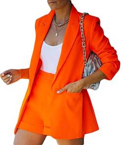 Onsoyours Damen Zweiteiliger Anzug Set Revers Business Büro Einfarbig Blazer Langarm Anzugjacke Hosenanzug Slim Fit Shorts 2 Stück Anzugsets Orange S von Onsoyours