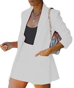 Onsoyours Damen Zweiteiliger Anzug Set Revers Business Büro Einfarbig Blazer Langarm Anzugjacke Hosenanzug Slim Fit Shorts 2 Stück Anzugsets Weiß XL von Onsoyours