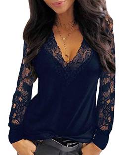 Onsoyours Damenblusen Spitzenbluse Lace Bluse Rüschenbluse Langarm T-Shirt Spitze Hemdbluse Frauen Ol Tunika Blusenshirt A Dunkelblau XS von Onsoyours