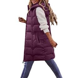 Onsoyours Daunenweste Damen Lang Weste Casual Einfarbige Ärmellose Länge Steppjacke Winddicht Reißverschluss Daunenjacke Daunenjacke Outdoorjacke mit Kapuze Weste Mantel D Violett XL von Onsoyours