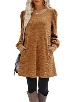 Onsoyours Freizeitkleider Damen Pulloverkleid Elegante Einfarbig Rundhals Winter Casual Langarm Minikleid Herbstkleid Tunika Kleid mit Taschen und Knöpfe A Braun XL von Onsoyours