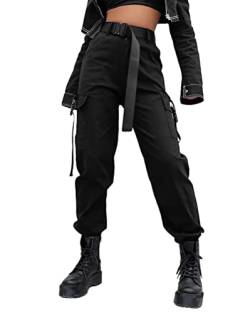 Onsoyours Gothic Hosen Damen Lang Schwarz Cargo Hosen Hip Hop Hohe Taille Jogger Street Hose mit Kette Jogginghose Freizeithosen mit Reißverschluss Punk Streetwear B Schwarz 3XL von Onsoyours