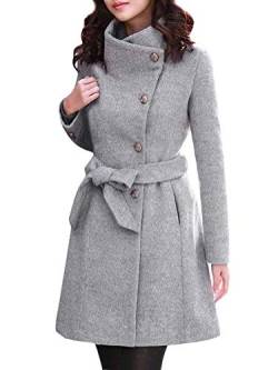 Onsoyours Grau Taschen Mit Bindegürtel Einreihig Langarm Elegant Winter Mantel Trenchcoat Wollmantel Damen XL von Onsoyours