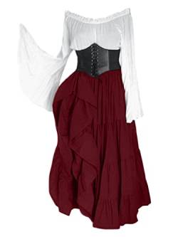 Onsoyours Halloween Tops Damen Langarm Oberteile mit Trompetenärmel Asymmetrischer Swing Tunika Frauen Elegant Tshirt Karneval Fasching Halloween Mittelalterliche Gothic Tops F Weinrot 3XL von Onsoyours