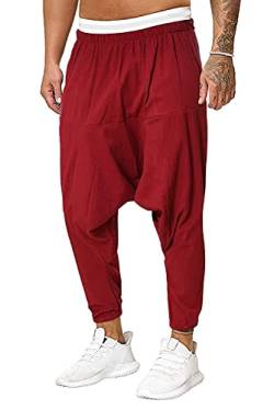 Onsoyours Haremshose Pumphose Kurze Herren Freizeithosen Hippie Hosen Einfarbig Baumwolle Aladinhose Pluderhose Multi-Tasche Sport Tanzen Hosen Y Rot S von Onsoyours