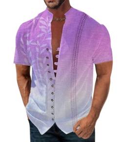 Onsoyours Hemd Herren Kurzarm Leichtes Sommerhemd Strand Henley Shirt mit Stehkragen Freizeithemd Casual Bluse A Violett S von Onsoyours