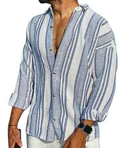 Onsoyours Hemd Herren Leinenhemd Herren Langarm Sommer Gestreiftes Hemd Herren Regular Fit Freizeithemd Sommerhemd Casual mit Knöpfen B Blau XXL von Onsoyours