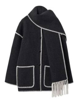 Onsoyours Herbst Winter Damen Mantel Mit Quaste Schal Lose Langarm Einreiher Mäntel Frauen Warme Woll Stickerei Jacke Weich Warme Stickerei Jacke Outwear A Schwarz Weiß L von Onsoyours