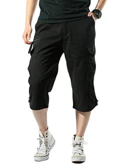 Onsoyours Herren 3/4 Hose Cargo Shorts Männer Bermuda Sport Shorts Multi Taschen Sommer Freizeithose Kurze Hose Baumwolle Arbeitshose Gummibund Lässig A Schwarz XS von Onsoyours