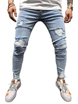 Onsoyours Herren Destroyed Jeans Biker Hose Herren Löcher Lang Jeans Denim Hose Vintage Männer Zerrissen Jeanshose Skinny Jeanshosen Bleistifthose Slim Fit E4 L von Onsoyours