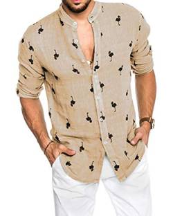 Onsoyours Herren Hemd Langarm Hawaiihemd Druck Roll up Leinenhemd Sommerhemd Männer Herbst Freizeithemd Oberteile Regular Fit Beige X-Small von Onsoyours