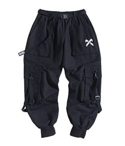 Onsoyours Herren Hip Hop Cargo Hosen Männer Streetwear Techwear Hosen Harajuku Bänder Multi-Taschen Casual Techwear Freizeit Hose N Schwarz XL von Onsoyours