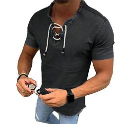 Onsoyours Herren Jeanshemd Kurzarm Freizeithemd Einfarbige V-Ausschnitte Schnürung Denim Shirt Casual Regular Fit Stretch Tops Leichte Mode Sommer Dünnes Hemden A Dunkelgrau L von Onsoyours