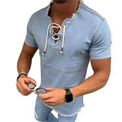 Onsoyours Herren Jeanshemd Kurzarm Freizeithemd Einfarbige V-Ausschnitte Schnürung Denim Shirt Casual Regular Fit Stretch Tops Leichte Mode Sommer Dünnes Hemden A Hellblau XL von Onsoyours