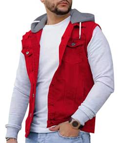 Onsoyours Herren Jeansjacke mit Kapuze Sweatjacke Denim Vintage Jeans-Jacke für Männer Denim Weste Slim-Fit Freizeit Hoodie Übergangsjacke A Rot L von Onsoyours