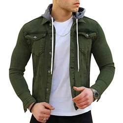 Onsoyours Herren Jeansjacke mit Kapuze Sweatjacke Denim Vintage Jeans-Jacke für Männer Denim Weste Slim-Fit Freizeit Hoodie Übergangsjacke B Armeegrün XS von Onsoyours