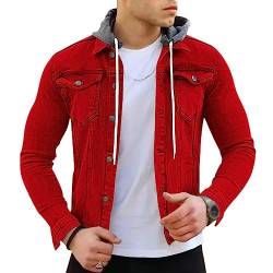 Onsoyours Herren Jeansjacke mit Kapuze Sweatjacke Denim Vintage Jeans-Jacke für Männer Denim Weste Slim-Fit Freizeit Hoodie Übergangsjacke B Rot XL von Onsoyours