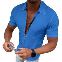 Onsoyours Herren Kurzarm Hemd Sommerhemd Freizeithemd mit Reißverschluss Regular Fit Men Shirts Leinenoptik Einfarbig Basic Shirt for Männer Blau XXL von Onsoyours