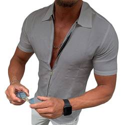 Onsoyours Herren Kurzarm Hemd Sommerhemd Freizeithemd mit Reißverschluss Regular Fit Men Shirts Leinenoptik Einfarbig Basic Shirt for Männer Grau XL von Onsoyours