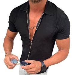 Onsoyours Herren Kurzarm Hemd Sommerhemd Freizeithemd mit Reißverschluss Regular Fit Men Shirts Leinenoptik Einfarbig Basic Shirt for Männer Schwarz XS von Onsoyours
