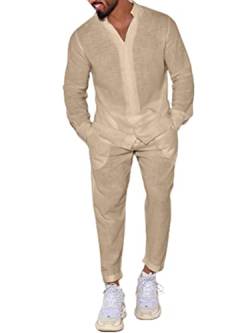 Onsoyours Herren Leinenanzug Zweiteiler Sommer Freizeitanzug Leinenhemd Und Leinenhose Männer Outfit Casual Comfortable Sets Suits Strand Herrenanzug Yoga Anzug B Beige 3XL von Onsoyours