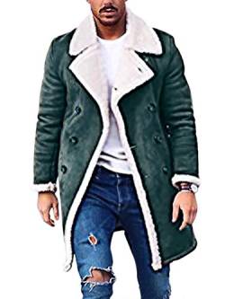 Onsoyours Herren Mantel Winter Warme Wollmantel Lang Slim Fit Winterjacke Kunstleder Warm Gefütterter Vintage Jacke mit Revers Grün Medium von Onsoyours