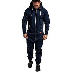 Onsoyours Herren One Piece Pyjamas Mit Kapuze Tasche Kordelzug Reißverschluss Jumpsuit Onesie Strampler Langer Spielanzug Einteiliger Pyjama Overall Herbst Winter A Navy Blau L von Onsoyours