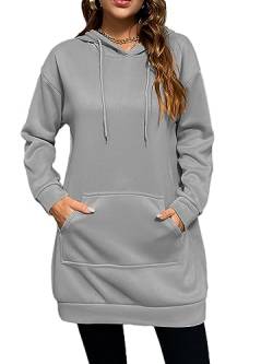 Onsoyours Hoodie Kleid Damen Langarm Sweatkleid Sweatshirt Lang Kapuzenpullover Winterkleid Herbstkleid Kleid Mini Sweatshirtkleid Kapuzenpulli Kapuze Sport mit Taschen A Dunkelgrau XXL von Onsoyours