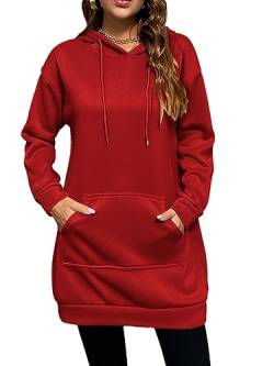 Onsoyours Hoodie Kleid Damen Langarm Sweatkleid Sweatshirt Lang Kapuzenpullover Winterkleid Herbstkleid Kleid Mini Sweatshirtkleid Kapuzenpulli Kapuze Sport mit Taschen A Weinrot L von Onsoyours