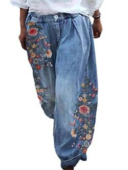 Onsoyours Hose Damen Elegant Leichte Schlaghose Bootcut Flared Hose Sommerhose Lose Freizeithose Mode Weites Bein Vintage Bedruckte Gerade Pants Blau V M von Onsoyours