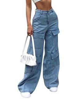 Onsoyours Hosen Damen Mode High Waist Cargohosen Stretch Jogginghose Mit Taschen Einfarbig Sporthose Bequem Haremshose Gerade Pants Cargo Hose Outdoorhose A Blau L von Onsoyours