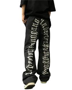 Onsoyours Jeans Hip Hop Herren Baggy Straight Leg Gewaschen Patchwork Ripped Jeanshose Casual Denim Hosen Men Vintage Bedruckte Pants Teenager Jungen Skateboard Hose Streetwear E Schwarz XXL von Onsoyours