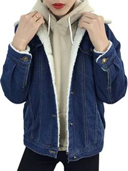 Onsoyours Jeansjacke Damen Winterjacke Gefütterte Denim Jacket Langarm Jeansjacke Fleecejacke Mantel Übergangsjacke Kapuzenjacke Warme Winterjacke Oberbekleidung Outwear mit Kordelzug A2 Blau M von Onsoyours