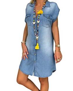 Onsoyours Jeanskleider Damen Kleider V-Ausschnitt Strandkleider Einfarbig A-Linie Kleid Blusenkleid Hemdkleid Knielang Kleid Denimkleid A Hellblau L von Onsoyours