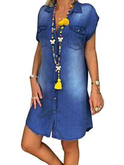 Onsoyours Jeanskleider Damen Sommerkleid Jeans Kleider V-Ausschnitt Strandkleider Einfarbig A-Linie Kleid Blusenkleid Hemdkleid Knielang Kleid Denimkleid A Dunkelblau L von Onsoyours