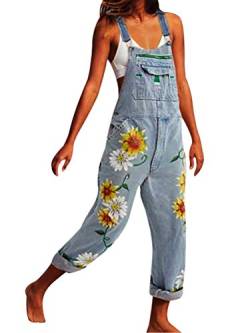 Onsoyours Jeanslatzhose Damen Latzhose Retro Jeanshose Trägerhose Hoseanzug Denim Blumen Overall Gerades Bein Lang Trägerhose Ärmellos Locker mit Taschen (Large, A Hellblau) von Onsoyours