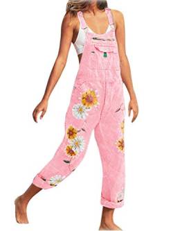 Onsoyours Jeanslatzhose Damen Latzhose Retro Jeanshose Trägerhose Hoseanzug Denim Blumen Overall Gerades Bein Lang Trägerhose Ärmellos Locker mit Taschen A Rosa Medium von Onsoyours