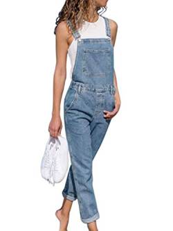 Onsoyours Jeanslatzhose Damen Latzhose Retro Jeanshose Trägerhose Hoseanzug Denim Blumen Overall Gerades Bein Lang Trägerhose Ärmellos Locker mit Taschen B Hellblau 2X-Large von Onsoyours