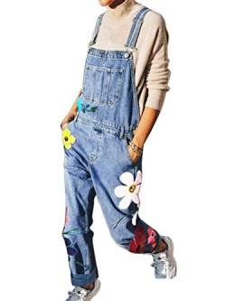 Onsoyours Jeanslatzhose Damen Latzhose Retro Jeanshose Trägerhose Hoseanzug Denim Blumen Overall Gerades Bein Lang Trägerhose Ärmellos Locker mit Taschen C Blau 2X-Large von Onsoyours