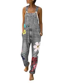 Onsoyours Jeanslatzhose Damen Latzhose Retro Jeanshose Trägerhose Hoseanzug Denim Blumen Overall Gerades Bein Lang Trägerhose Ärmellos Locker mit Taschen C Grau Large von Onsoyours