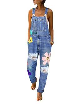 Onsoyours Jeanslatzhose Damen Latzhose Retro Jeanshose Trägerhose Hoseanzug Denim Blumen Overall Gerades Bein Lang Trägerhose Ärmellos Locker mit Taschen D Blau Large von Onsoyours