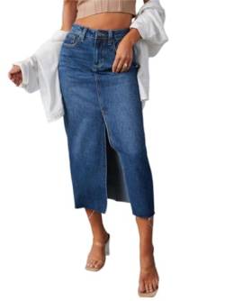 Onsoyours Jeansrock Damen Sommerrock High Waist Lang Jeansrock Y2K Skirt mit Vorderem Schlitz Denim Freizeitrock Reißverschluss Stretch Used-Look B Blau XL von Onsoyours