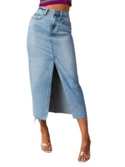 Onsoyours Jeansrock Damen Sommerrock High Waist Lang Jeansrock Y2K Skirt mit Vorderem Schlitz Denim Freizeitrock Reißverschluss Stretch Used-Look B Hellblau S von Onsoyours