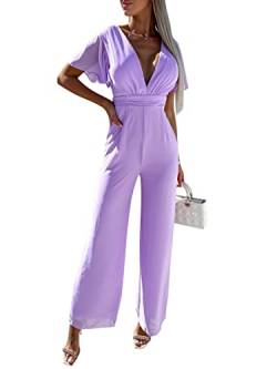 Onsoyours Jumpsuit Damen Elegant V-Ausschnitt Rückenfrei Hosenanzug Kurzarm Mit Rüschen Playsuit Romper Casual Weites Bein Lange Jumpsuit Sommer Overall A Violett L von Onsoyours