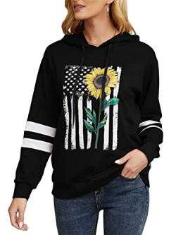 Onsoyours Kapuzenpullover Damen Sweatshirt mit Kapuze Hoodies Sun Flower Printed Pullover Casual Leichtes Sweatshirt Langarm Tops Oberteile mit Kordelzug A Schwarz XL von Onsoyours