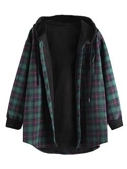 Onsoyours Kariertes Knöpfen Taschen Oversize Mantel Jacke Hemdjacke Holzfällerjacke Damen Mode Plaid Fleece Jacke Mit Kapuze (L, Schwarz Grün) von Onsoyours