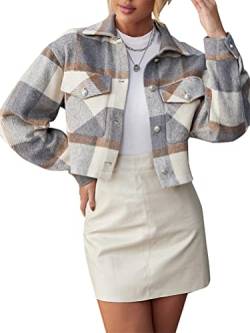 Onsoyours Karrierte Jacke Bluse Damen Casual Kurz Mantel Revers Langarm Outwear Vordere Leistentaschen Übergangsjacke Frauen Holzfällerjacke Mode Hemdjacke Einfarbig Coat B Grau L von Onsoyours