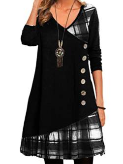 Onsoyours Kleid Damen Casual Langarm V-Ausschnitt Kariertes Kleid Knielang Freizeitkleid Herbst Swing Hohe Taille A-Linien Knopf Midikleid A Schwarz XXL von Onsoyours