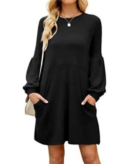 Onsoyours Kleider Damen Langarm Casual Rundhals Mini Kleid Knöpfe Freizeitkleid Herbstkleid mit Taschen E Schwarz L von Onsoyours