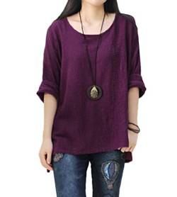 Onsoyours Leinen Bluse Damen Sommer Herbst Übergröße Locker Hemd Tshirts Langarm Loose Rundhals Oberteile Loose Top B Violett 50 von Onsoyours